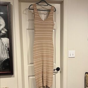 Lulu's Beige and White Striped Knit Midi Dress